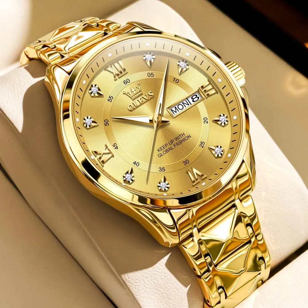 OLEVS Watches for Men, Mens Watches Gifts for Men Analog Quartz  Luxury Casual Classic Diamond Stainless Steel Waterproof Luminous Reloj para Hombre Blue Dial
