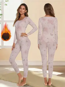Women's Butterfly Print Long Sleeve Set, Warm Underwear for Winter, Casual Fashion Design, Comfortable Slim Fit, Fall & Winter
