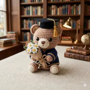 Handmade Crochet Graduation Bear with Flowers, Class of 2026 Plush Collectible, Unique Milestone Keepsake Gift for Her