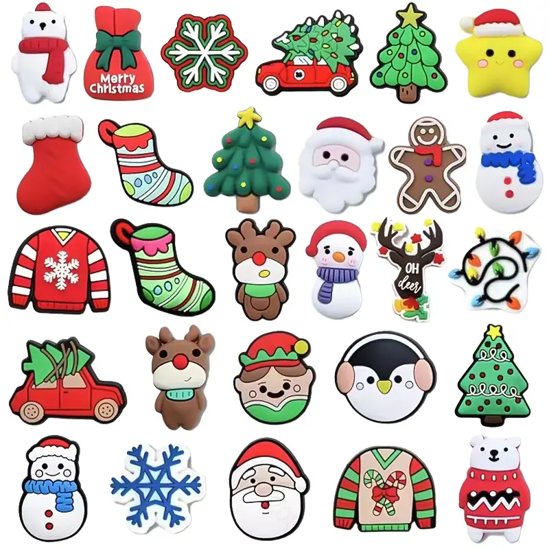 DIY Christmas All-Seasons Plastic Shoe Buckle Flower Decorations - 28pcs PVC Soft Rubber Accessories for Holed Clogs, 100 Random Shipments