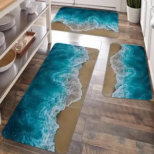 2/3pcs classic beach ocean wave pattern kitchen carpet, comfortable and soft flannel floor mat, anti slip and anti fatigue kitchen carpet, suitable for kitchen, laundry room, entrance door, home kitchen decoration, Decorative Rug