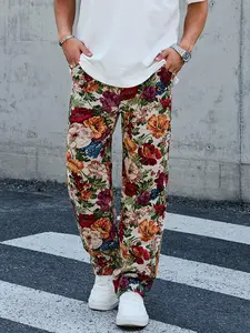 Men's Floral Print Straight Leg Pants, Regular Fit Casual Comfy Bohemian Street Trousers for Outdoor Street Wear, Men's Bottoms for All Seasons