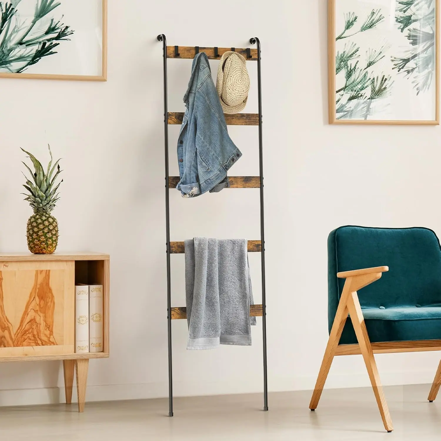 Summerwins Modern Farmhouse Durable Retro Rustic Brown Wooden Blanket Ladder - 5-Tier Towel Rack with 10 Versatile Removable Iron Pipe Hooks, Wall-Leaning Storage for Scarves, Bathroom Accessories, Home Decor, Apartment Accessories