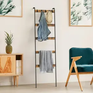 Blanket Ladder, 5 Tier Towel Rack with 10 Removable Hooks, Wall-Leaning Scarf Storage Ladder, Home Decor Blanket Rack for Living Room, Bedroom, Bathroom, Rustic Brown Farmhouse Wooden