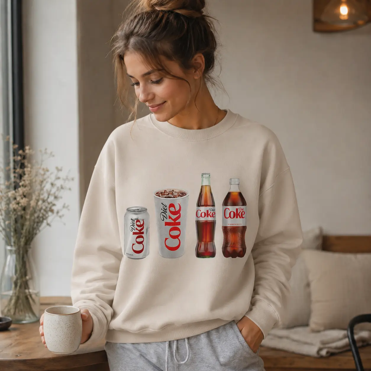 Women's Diet Coke Graphic Crewneck Sweatshirt - Retro Soda Bottle Print, Fall Cozycore Aesthetic Pullover for Soda Lovers