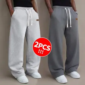 2Pack Men’s solid-color drawstring sweatpants, loose wide-leg fit, lightweight for spring/summer, comfortable everyday wear for commuting—minimalist long pants available in a 2-pack or single pack. pants for men、men's wear flash sale