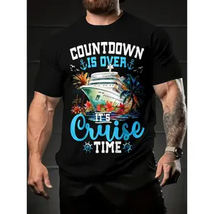 Summer 3D Digital Print Cruise T Shirt for Men Featuring Tropical Nautical Graphics with Countdown Is Over Its Cruise Time Slogan Comfortable Short Sleeve Round Neck Black Casual and Machine Washable