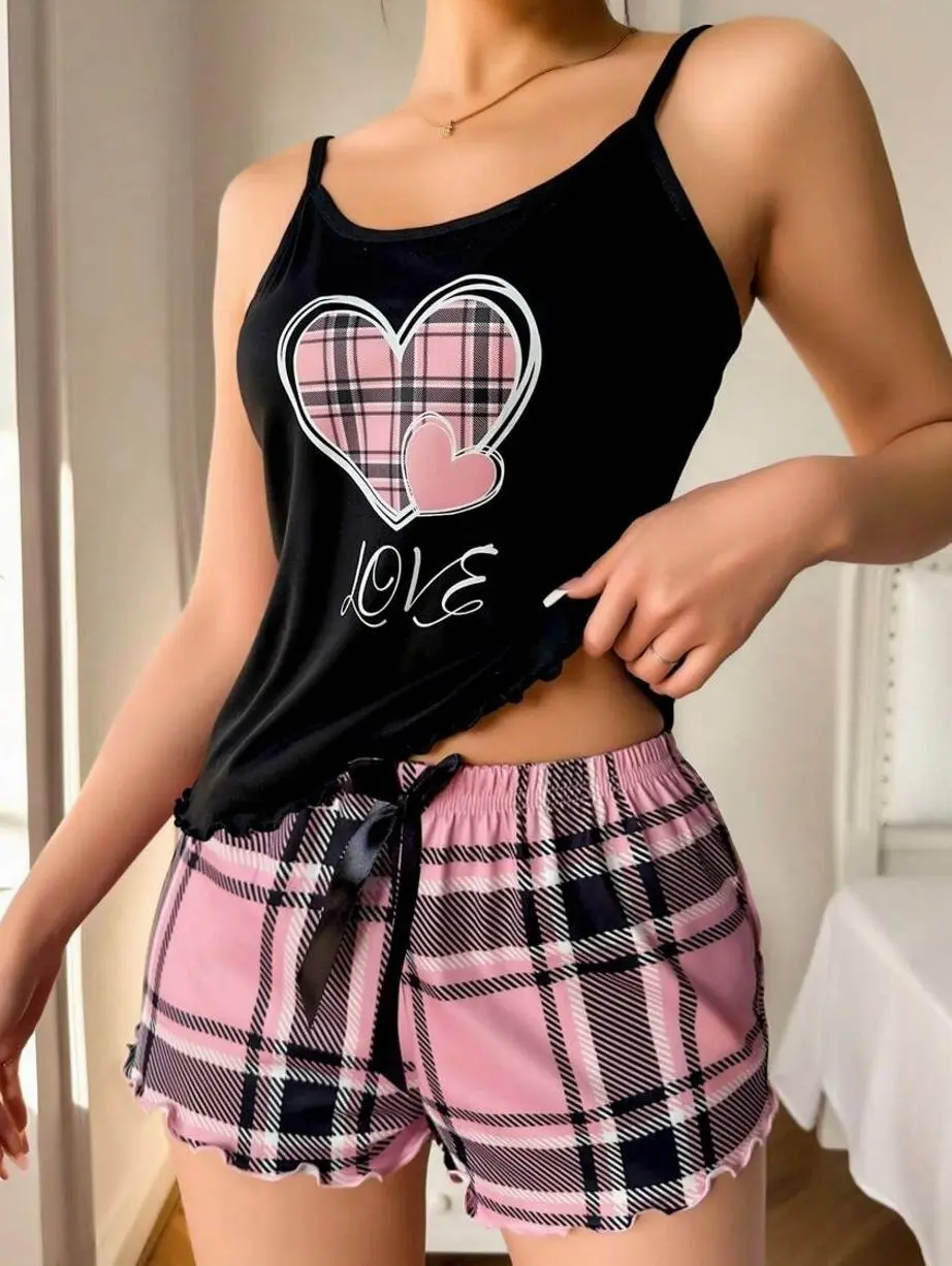 Heart Print Cami And Shorts Pajama Set, Soft Plaid Lounge Wear, Comfortable Summer Sleepwear
