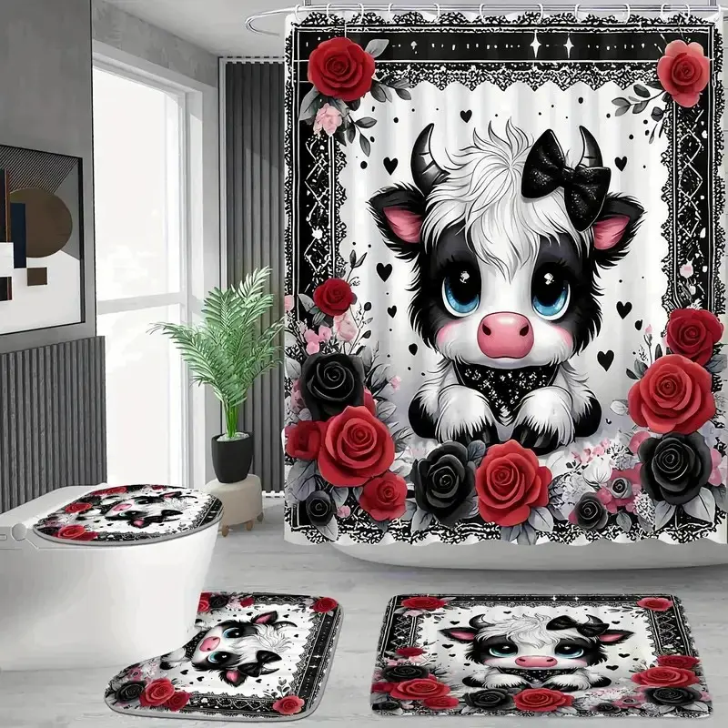 1/4 pcs red rose floral and Highland cow pattern Whimsical shower curtain set, non-slip floor mat, U-shaped carpet, toilet lid cover, perfect for bathroom decoration, partition, free 12 shower curtain hooks, Bathroom Curtains, Bathroom Accessory