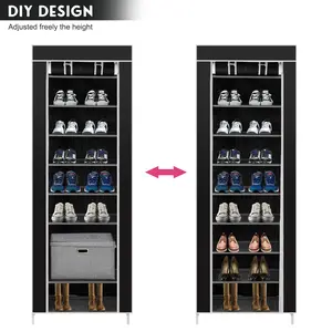 Vertical Narrow Shoe Rack Organizer Tall Shoe Rack for Closet Entryway 10 Tier Non-Woven Cover Shoe Shelf Holds 36-41 Pairs Free Standing Shoe Storage Cabinet with Dustproof Cover, Black