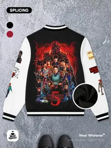 Stranger Things Last Adventure Print Baseball Jacket, Casual Warm Breathable Top, Suitable for Outdoor and Home Wear, Fitted Graphic Shirt