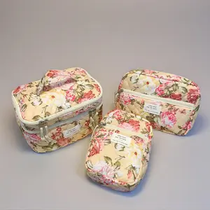 LAKSMI Upgraded 2-Layer Women Makeup Bag Set - 3pcs Quilted Makeup Bags with Floral Design, Cotton Makeup Bag Set, Flower Travel Toiletry Bag Cosmetic Pouch