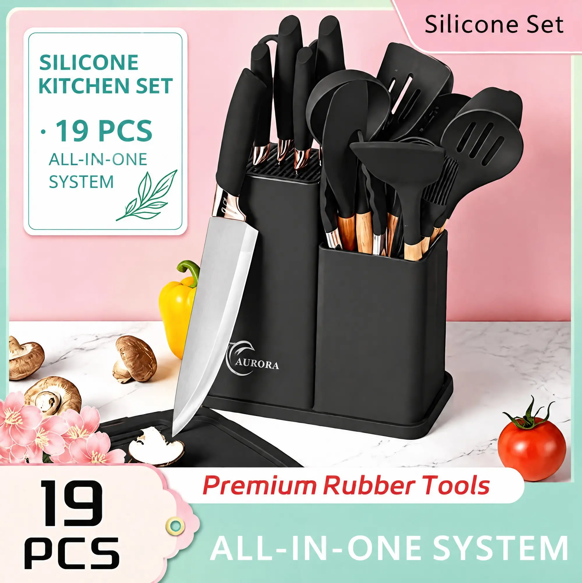 19-Pcs Nonstick Cookware Set with Heat-Resistant Silicone Utensils, Wooden-Handled Chef Knife, Deep Soup Ladle, Spaghetti Server, Stylish White Blush Pink Valentine’s Day Gift for Women, Food-Safe Kitchen Tools