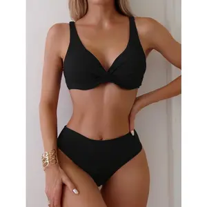 Women's Black Ribbed Twist Front Bikini Set, V-Neck Push Up 2 Piece Swimsuit, High Waisted Tummy Control Bathing Suit for Beach Vacation & Pool Party