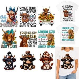 9 Styles Highland Cow Western Iron On Transfer Patches, 58x46cm DTF Heat Transfer Vinyl Decals for Clothing T Shirt Pillow Hat, TikTok FYP DIY Craft
