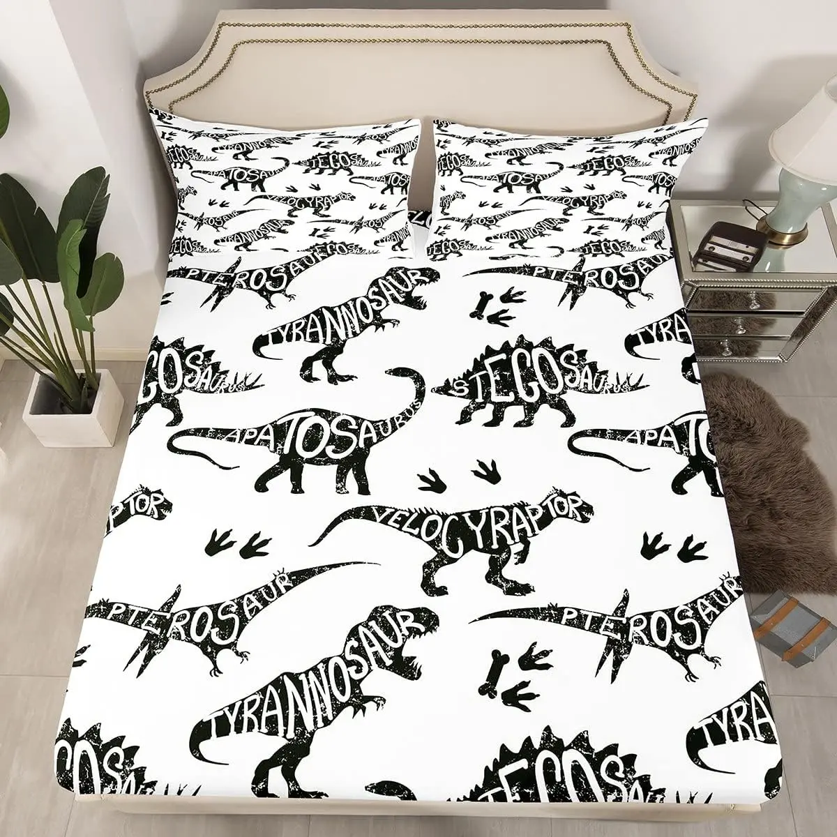 Feelyou Luxury Printed Bedding Set - Black & White 3D Dino Theme, Stretchable Fit Deep Pocket Fitted Sheets with Full Elastic, Machine Washable, Dries Quick, Single/Queen Sizes for Guest Room/Kids Rooms
