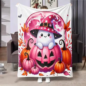 Halloween Themed Cute Ghosts & Pumpkin Pattern Blanket, Soft Comfortable Warm Throw, Cool Bedroom Bedding Blankets for Home Office Travel Camping, Cozy Throw Blanket