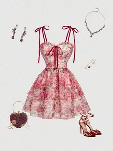 Women's Floral Print Elegant Tie-Up Short Dress,Fall/Winter,New Year,Elegant ,New Year Look,Christmas,New Year's Outfit For Women,Valentine,Vintage,Retro,Party, Valentine's, ,Floral Dress, Red Dress Women,Women's Country Clothing,Fairycore,