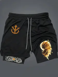 Anime Prints 2-In-1 Drawstring Waist Shorts, Quick-Dry Swim Trunks, Loose Fit with Pockets, Ideal for Summer & Workout Wear