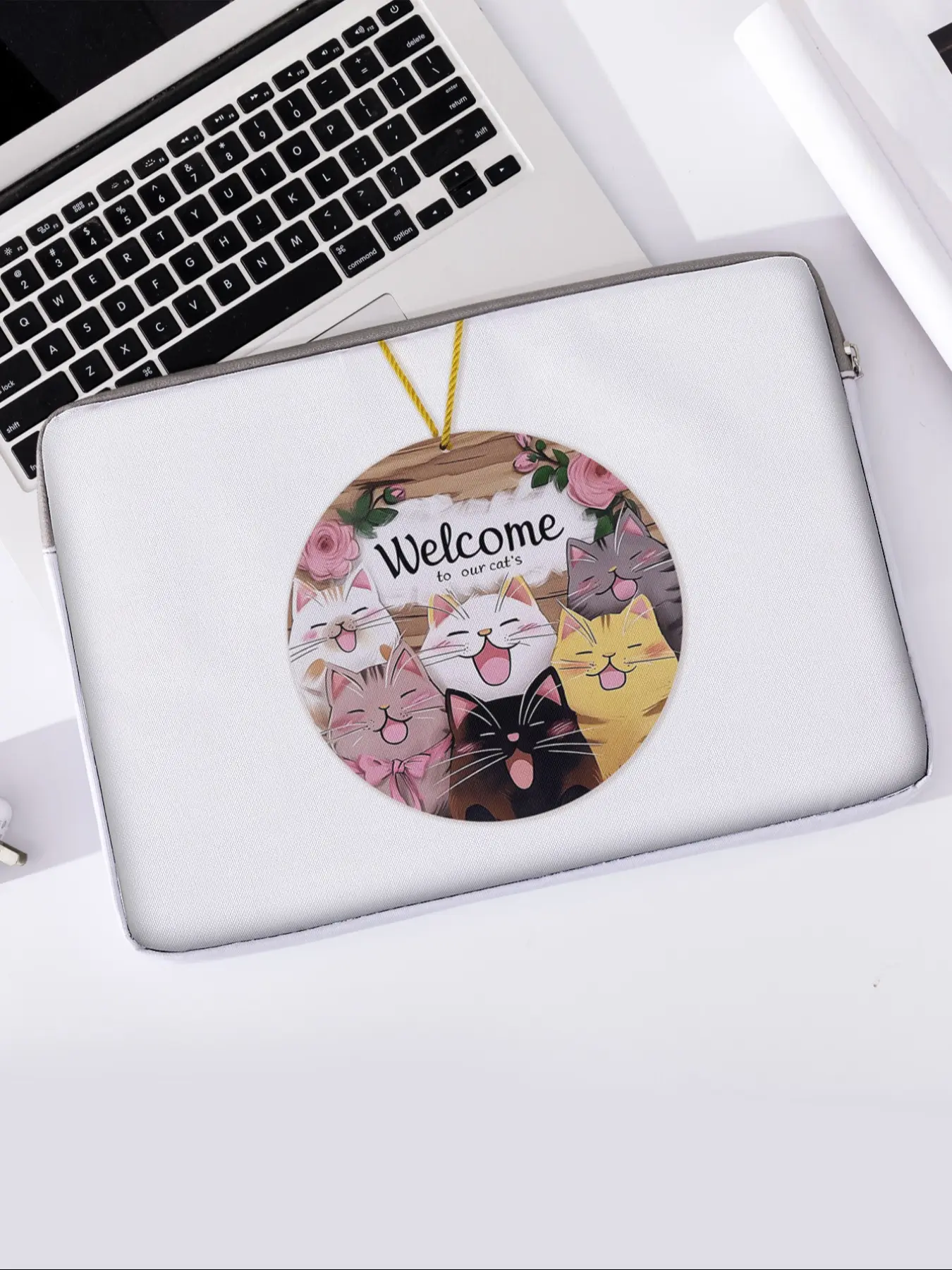 Cat Pattern Printed Notebook Bag, Soft Laptop Sleeve, Tablet Case, Zipper Storage Pouch, Casual Style, All Seasons Use