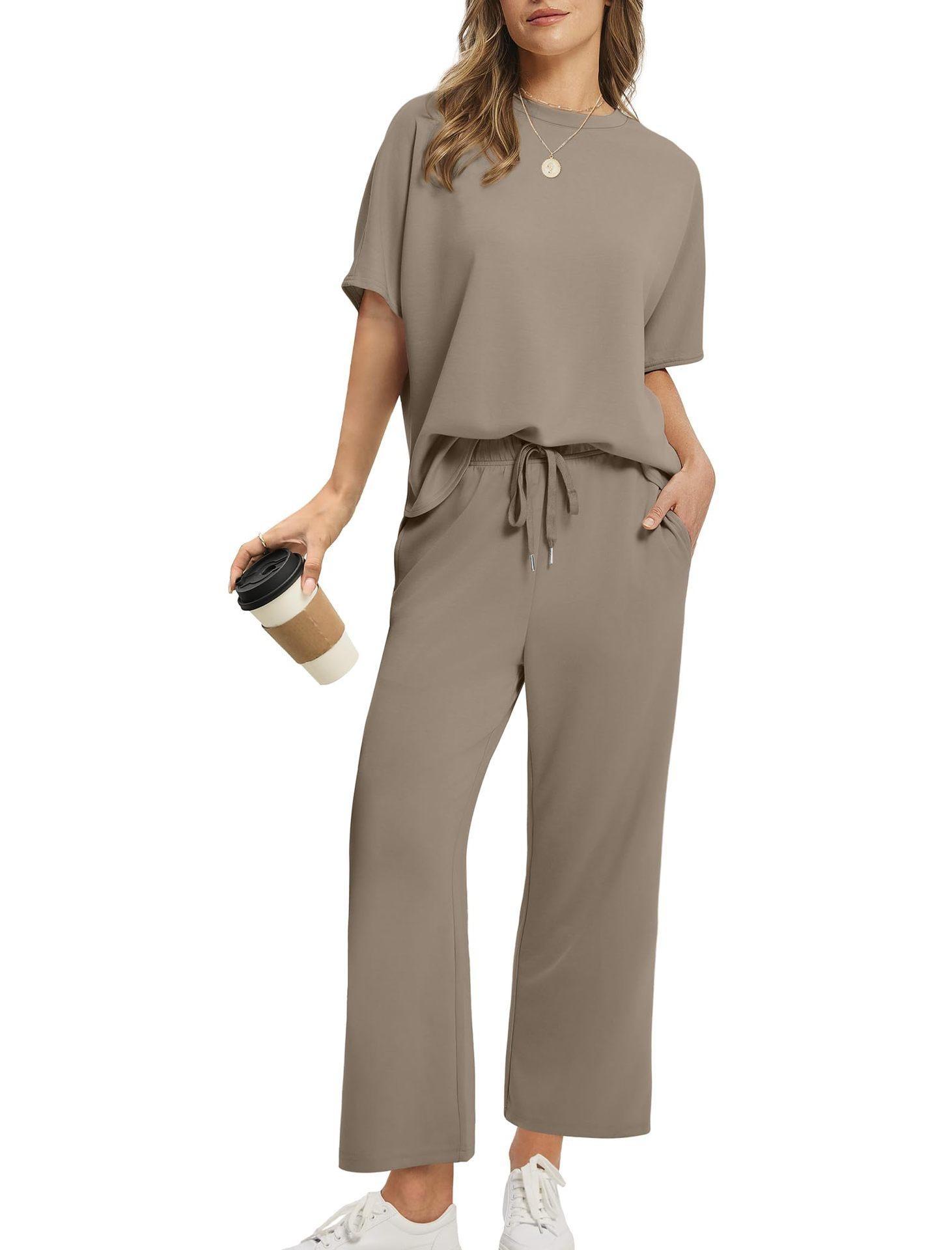 2 Piece Sets for Women Soft Short Sleeve Matching Lounge Set Wide Leg Pants Tracksuit Travel Spring Summe Travel Kitr Outfits Ladies Sportswear Athletic Activewear for Summer