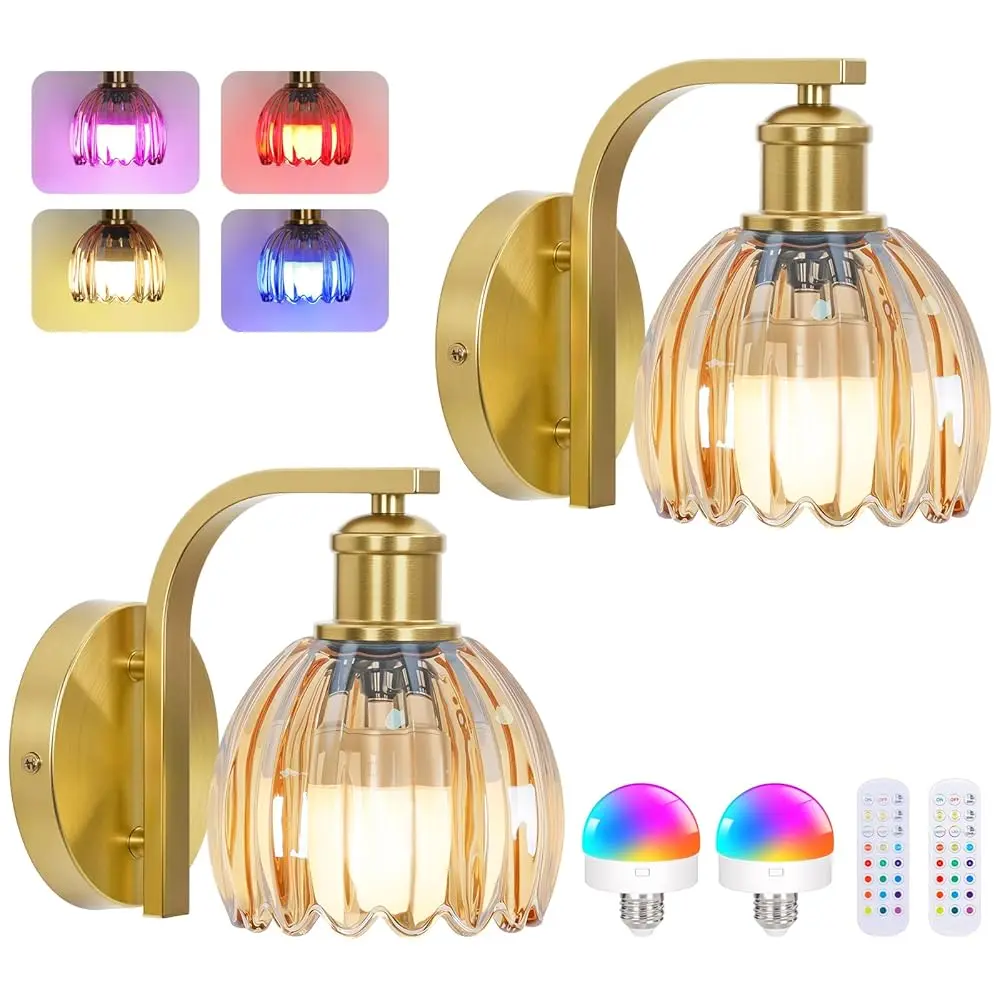 2-Pack Rechargeable Wireless Metal Wall Sconces - Gold Glass Shade Home Decor Lighting, Dimmable Lamps with Remote, Hallway Light Fixtures, Interior Lights for Bedroom (Batteries Included),sohochic