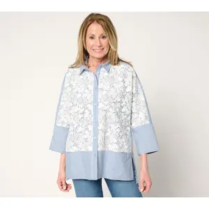 LOGO Lavish by Lori Goldstein Lace Front Relaxed Poplin Shirt