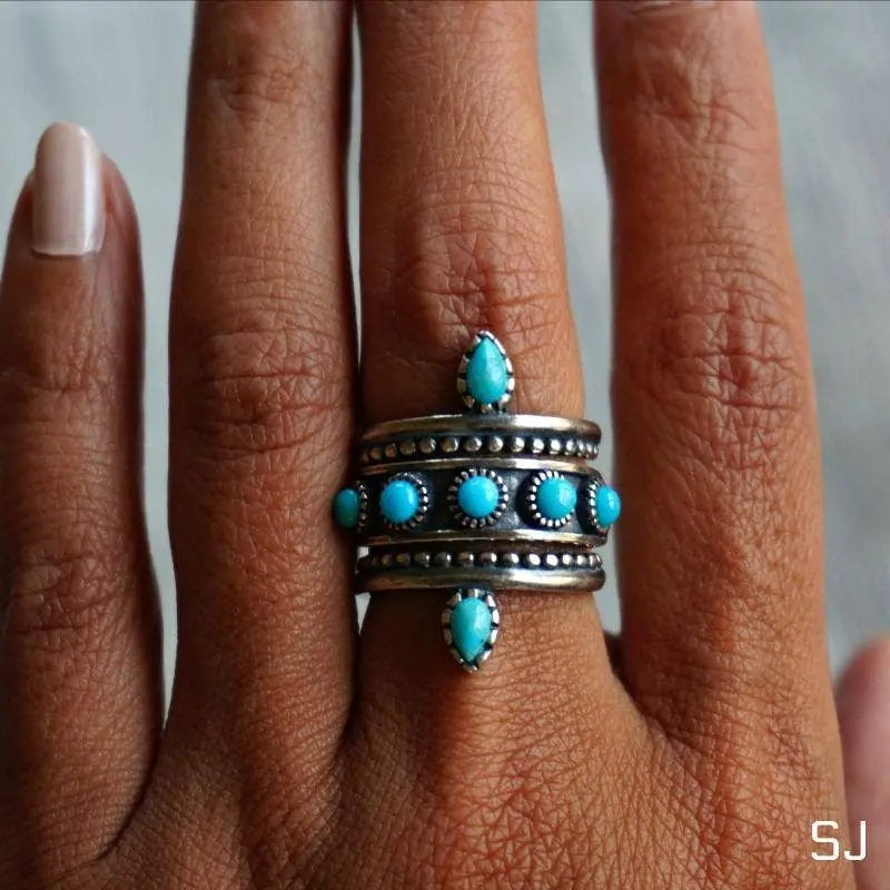 Handcrafted Southwestern Sterling Silver Turquoise Band Ring - 5 Genuine Turquoise Stones, Adjustable Size 6-8, Unisex Minimalist Everyday Wear Jewelry