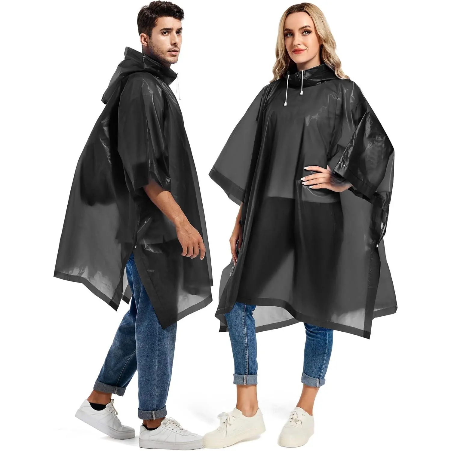 2 Pack EVA Reusable Adult Rain Ponchos - Foldable, Lightweight, Functional Motorcycle Raincoats with Quick Drying Fabric, Drawstring Hood for Survival Emergencies