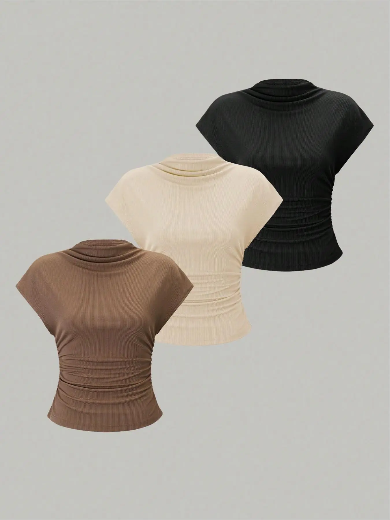 Women's Ruched Slim-Fit Mock Neck Top, 3-Pack Fitted Basic Tees with Structured Cap Sleeve, Essential Layering Set, Womenswear