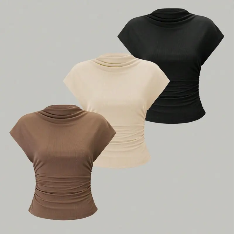 Women's Ruched Slim-Fit Mock Neck Top, 3-Pack Fitted Basic Minimalist Tees with Structured Cap Sleeve, Essential Layering Set, Womenswear