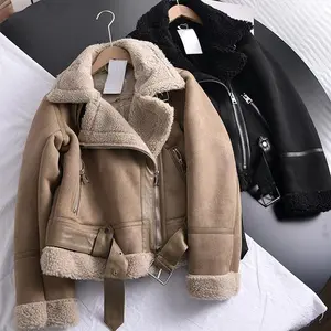 [2025]Winter Women Thick Warm Suede Lamb Jacket Short Motorcycle Brown Coats Faux Shearling Sheepskin Leather Jackets Outwear