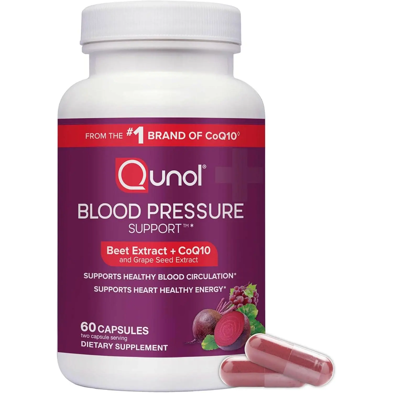 Qunol Blood Pressure Support Gluten-Free Antioxidant Supplement - 3-in-1 Beets, CoQ10, Grape Seed Botanical Extracts - Energy & Blood Pressure Control Beet Root Capsules, 60 Count, 3 In 1 Beets + Coq10 + Grape Seed Extract