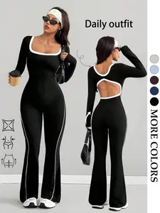 Women's Casual Sporty Athleisure Style Colorblock Jumpsuit, Flared Sports Jumpsuit, Long Sleeve, Square Neck Back Cutout Design, Body Highlighting, Side Slit Flare Pants, Sporty Comfy Jumpsuit
