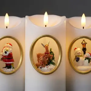 Christmas Music Box Flameless Candles with Rotating Snowman, Reindeer, Santa Claus, Realistic Flicker, Christmas Music, USB charge,  Battery, LED Pillar Candles,  Light Lamp Decoration