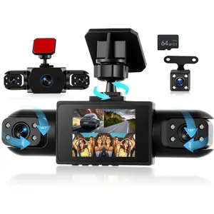 4 Channel 360° Dash Cam Front and Rear Inside Left Right, Dash Camera for Cars, Built-in Night Vision, Sensitive Motion Detection 24/7 Recording Parking Mode Monitor Reversing Help,(option) 64G TF Card