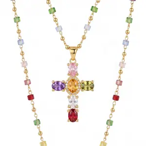 Colorful Crystal Cross Necklace, Rainbow Gemstone Pendant, Religious Jewelry for Women men's stainless steel chain men y2k