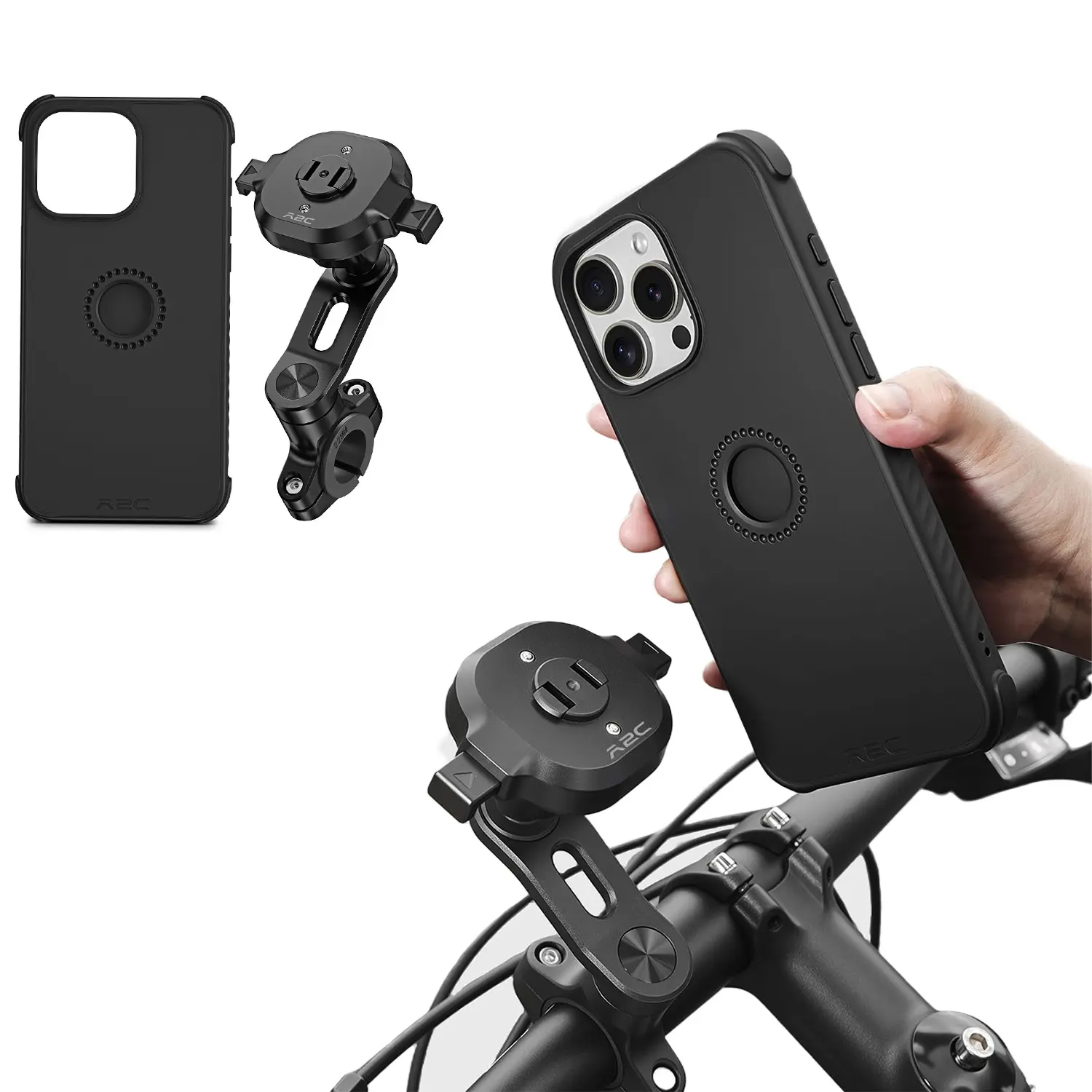 One-Lock Pro-Safe Bike Phone Holder Kit with MagSafe Case for iPhone 15 Pro/Pro Max, 360° Rotatable Aluminum Handlebar Holder, Never-Drop Design for Motorcycle, MTB, Road & Trail Cycling, Black
