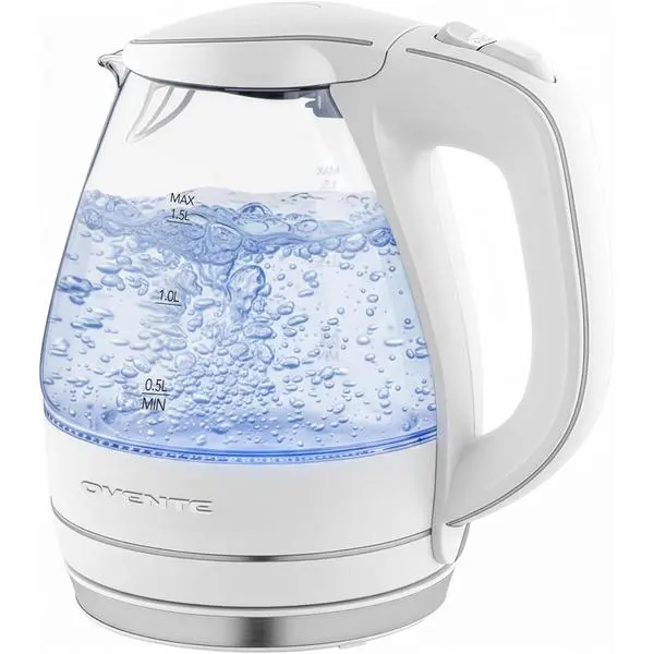 OVENTE 1.5L Glass Electric Kettle Water Boiler, White KG83W | 1100W Fast Boiling, Borosilicate Glass, BPA-Free, Blue LED, Auto Shut-Off, Boil-Dry Protection, Removable Filter, 360° Base