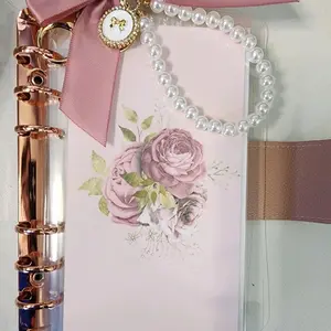 Minimalist A6 Size Savings Binder with Decorative Elements, Includes Pearl Detail and Pink Ribbon