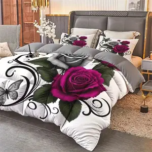 3-Piece Queen Size Bedding Set, Soft Cotton Fabric, Modern Rose Butterfly Floral Pattern, Hotel Quality Durable Material, All-Season Comfort