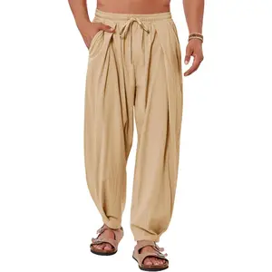 PASLTER Mens Linen Yoga Pants Elastic Waist Drawstring Summer Beach Loose Fit Casual Tapered Trousers Menswear Bottle