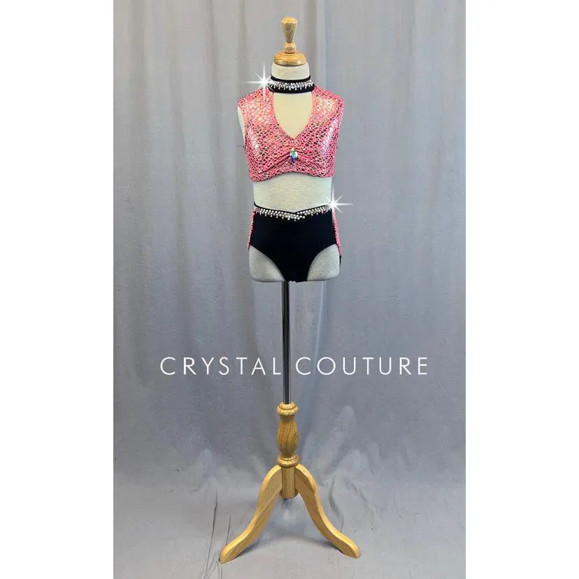Coral and Black Netted Two Piece with Mesh Back - Rhinestones