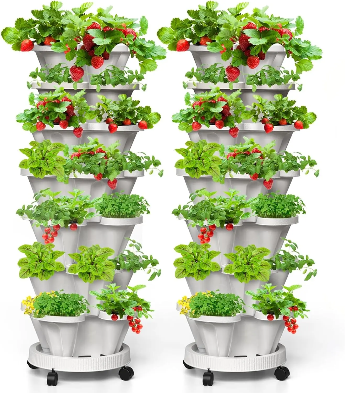 7-Tier Vertical Stackable Strawberry Tower Planter (2-Pack, White) with Movable Casters, Bottom Saucer, Herb Garden Planter for Indoor/Outdoor Home Use, Two Packs