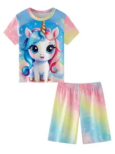 Girls' New Unicorn Theme Sleepwear Set, Dye Short Sleeve Soft Breathable Home Clothes, Suitable for 1-8 Years Old Children, Cute Style