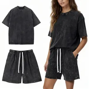 Yimoon Women's Acid Wash Short Sleeve Tracksuit Summer T-shirt & Shorts Set Athletic 2 Piece Outfit Track Shorts Set