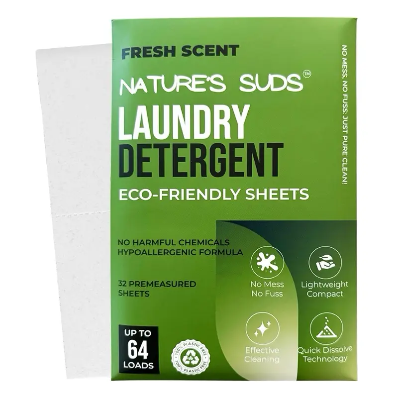 Nature's Suds Eco-Friendly Laundry Detergent Sheets 64 Loads Hypoallergenic Ultra-Concentrated Fresh Linen Scent Plastic-Free Travel-Size Detergent