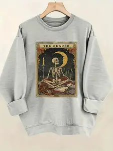 THE READER With Skeleton - Reading - Themed And Mystical Elements Pattern Print Women'S Sweatshirt, Comfortable All Seasons, Machine Washable
