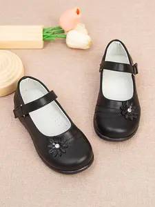 Girls' Campus Flat Leather Shoes, Flower Rhinestone Decoration, Soft Sole Anti-Slip Velcro Mary Jane Performance Shoes, Round Toe Flats, Toddler Flats