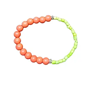 Peach and Green Retro Bracelet - Orange Beads with Green Accents and Silver Detailing bracelets